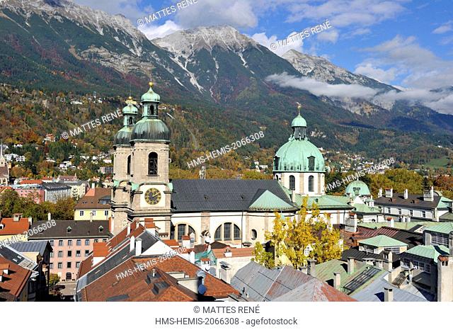 Austria, Tyrol, Innsbruck, the cathedral Saint-Jacob (Dom Sankt Jakob) sight of the belfry of the Stadtturm tower