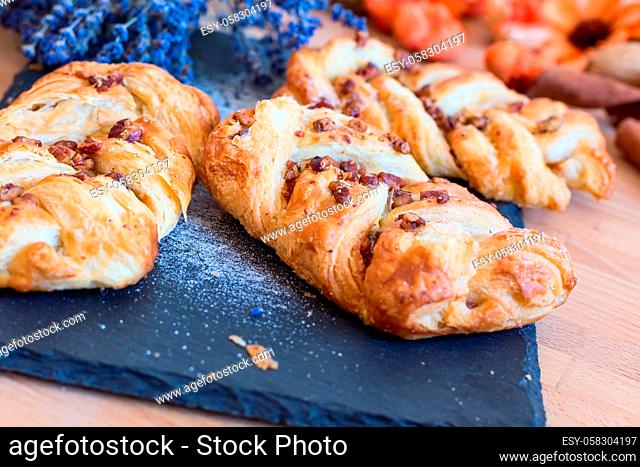 marple and pecan plait pastry sweet food breakfast with lavender flowers