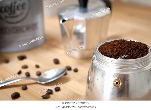 Moka full of fresh ground coffee ready to be prepared