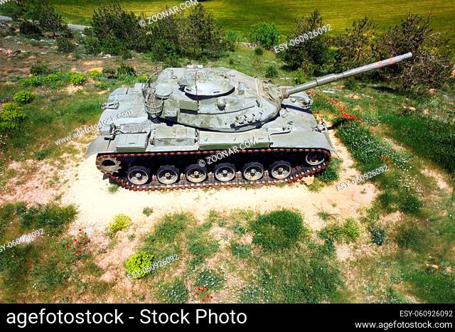 Aerial top view of a military tank