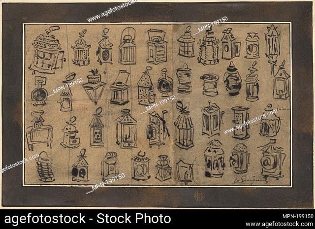 Composite drawing of the artist's lamp collection. Avery, Samuel Putnam, 1822-1904 (Collector) Guérard, Henri-Charles, 1846-1897 (Printmaker)