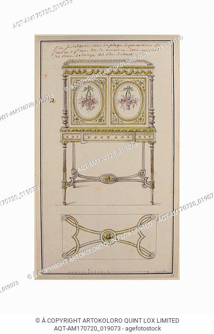 Design for an Upright Drop-Front Secretary, ca. 1780, Pen and black ink, brush and gray and colored wash. Framing lines in pen and ink