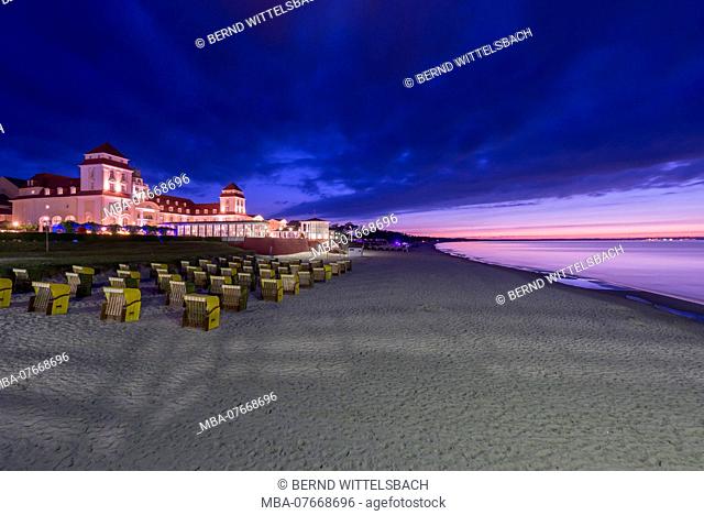 Binz, Mecklenburg-Western Pomerania, Germany, Europe View of the pier and the spa house with beach at dusk