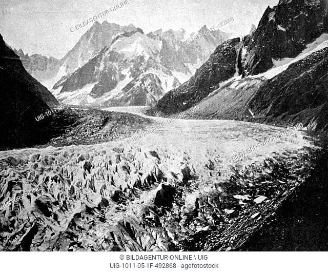 One of the first autotype prints, glacier near chamoix, historic photograph, 1884, switzerland, europe