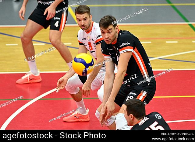 L-R Daniel Pfeffer, Marino Marelic and Jakub Ihnat (Karlovarsko) in action during the men's CEV Volleyball Cup the eighth finals return match VK CEZ Karlovarsko...
