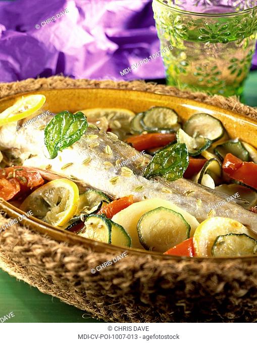 Oven-baked whiting and vegetables