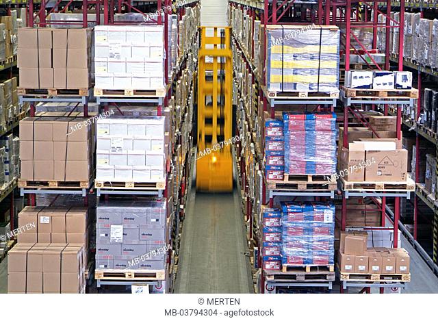 Mail-order sales, warehouse, shelves,  Package, stacked, forklifts,  Fuzziness Series, delivery department, hall, camps, catalog distribution plants, storage
