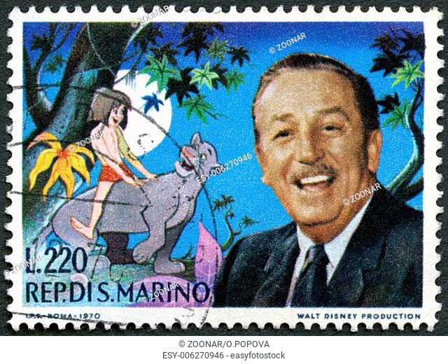 SAN MARINO - 1970: shows Walt Disney (1901-1966) and Jungle Book Scene, cartoonist and film maker