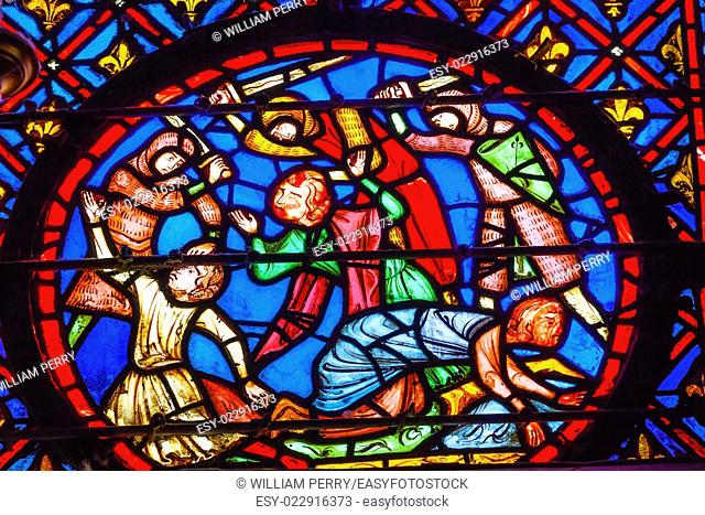 Knights Beheading Medieval Life Stained Glass Saint Chapelle Paris France. Saint King Louis 9th created Sainte Chappel in 1248 to house Christian relics
