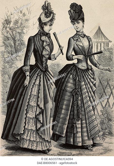 Woman wearing a bengaline dress on a lace skirt and woman wearing a gingham dress, a skirt draped with a cord at the waist, a short jacket