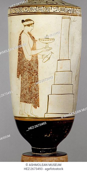 Attic white-ground lekythos showing a woman and youth at a tomb, 5th century BC. Artist: Achilles Painter