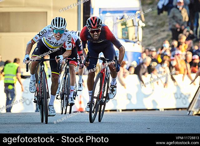 Colombian Sergio Higuita of Bora-Hansgrohe and Martinez Poveda Daniel Felipe sprint to the finish of the fifth and last stage of the Volta ao Algarve cycling...