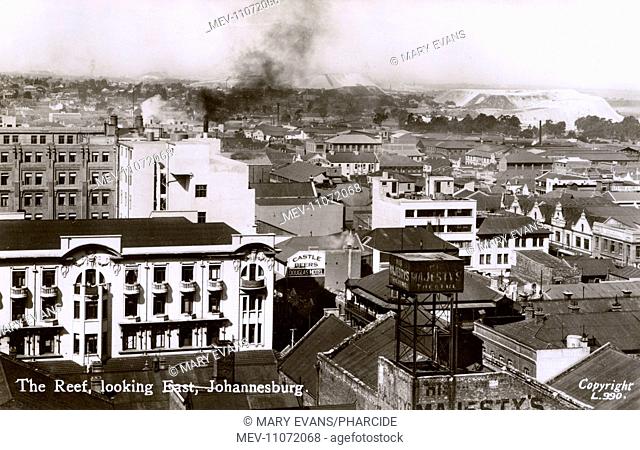 The Reef (looking east), Johannesburg, Transvaal, South Africa, with His Majesty's Theatre and the Douglas Hotel in the foreground