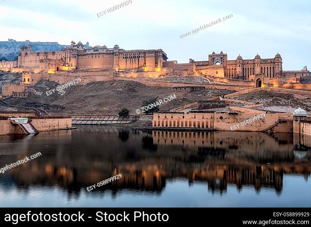 Sunset view over amer fort or amber fort taken across from maotha lake. Amer fort, Jaipur, India
