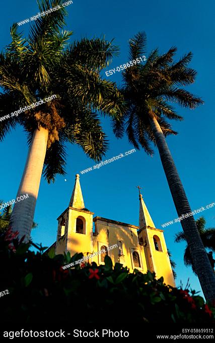 Santa Ana church with Latin bible text 'The word was made flesh and dwelt amongst us' framed by huge palm trees during sunset light