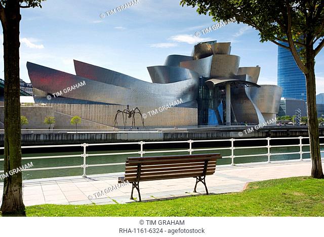 Architect Frank GehryÃ•s Guggenheim Museum futuristic design from across River Nervion at Bilbao, Basque country, Spain