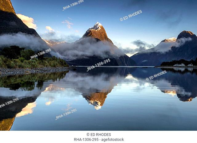 Mitre Peak reflected at Milford Sound, Fiordland National Park, UNESCO World Heritage Site, South Island, New Zealand, Pacific