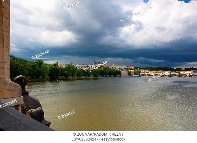 View on the Prague gothic Castle and Old Town before heavy storm