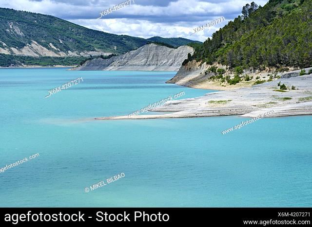 Reservoir with blue waters and bank. Yesa reservoir. Aragon, Spain, Europe