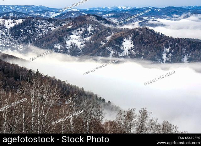 RUSSIA, ALTAI REPUBLIC - DECEMBER 2, 2023: A view of the Altai mountains from the Manzherok year-round ski resort located at the foot of Mount Malaya Sinyukha