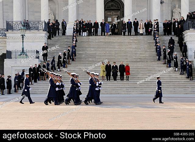 The U.S. Coast Guard Ceremonial Honor Guard passes in review at the east front of the U.S. Capitol, Washington, D.C., on Jan. 20. 2009