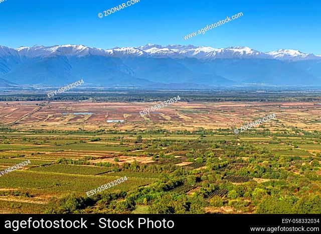 Panoramic view of Alazani valley and Caucasus Mountains from Sighnaghi, Kakheti, Georgia
