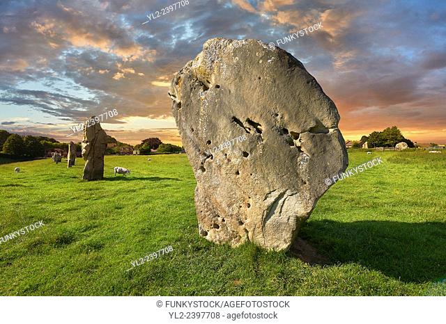 Avebury Neolithic standing stone Circle the largest in England at sunset, Wiltshire, England, Europe