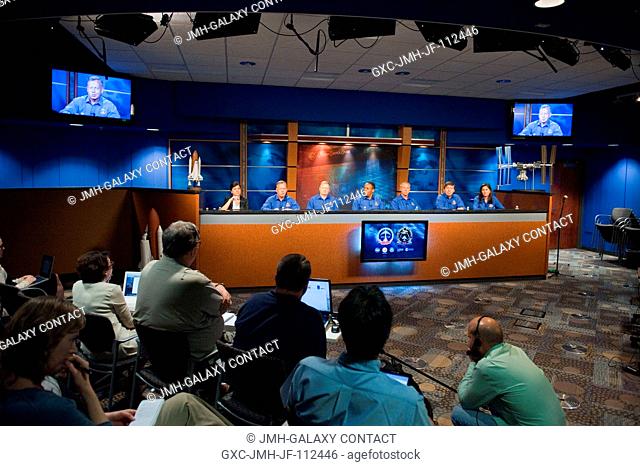 The STS-133 crew members along with Public Affairs Office moderator Nicole Cloutier (left) are pictured during an STS-133 preflight press conference at NASA's...