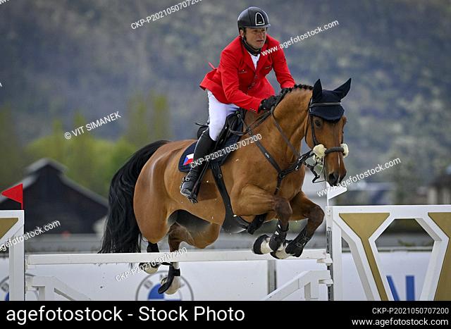 Czech Ales Opatrny and horse Forewer compete during the equestrian CET Prague Cup, CSIO, in Prague, Czech Republic, on Friday, May 7, 2021