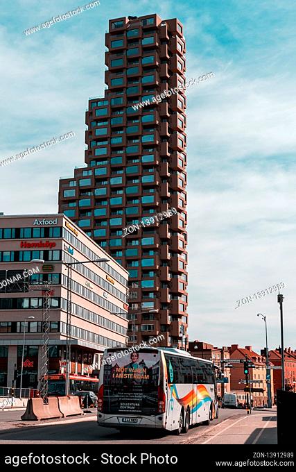 Editorial 03.27.2019 Stockholm Sweden Airport bus driving past the new tall Norra Tornen building in Vasastaden