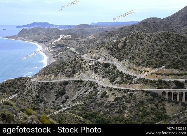 Almeria coast with El Algarrobico beach and Carboneras and Mesa Roldan at bottom. Andalusia, Spain