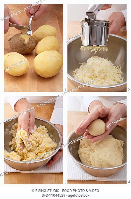 Potato dumplings being made of cooked potatoes