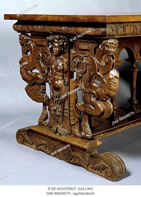 Table carved with grotesques, ca 1570, Casa Cavassa, Saluzzo, Piedmont, Italy. 16th century. Detail.  Saluzzo, Museo Civico Di Casa Cavassa