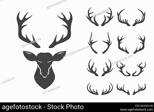Vector Christmas Reindeer Horns, Antlers. Deer Horn Silhouettes. Hand Drawn Deers Horn, Antler Set. Animal Antler Collection. Design Elements of Deer