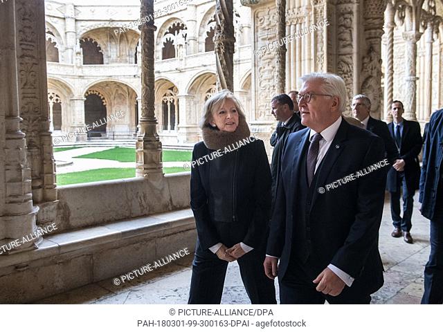 01 March 2018, Portugal, Lisbon: German President Steinmeier is led through the church and the Hieronymite Cloister by museum director Isabel Cruz de Almeida