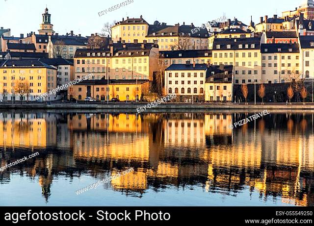 Beautiful reflection of the houses on Sodermalm island in Stockholm