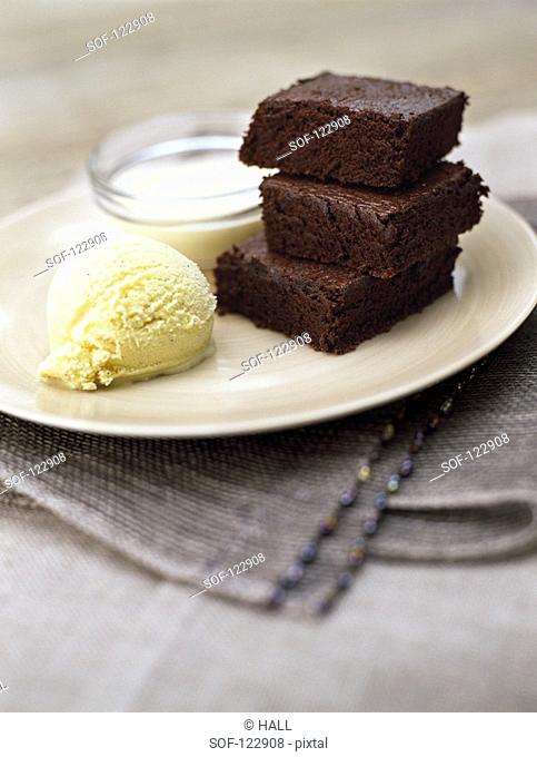 Chocolate cake and vanilla ice cream