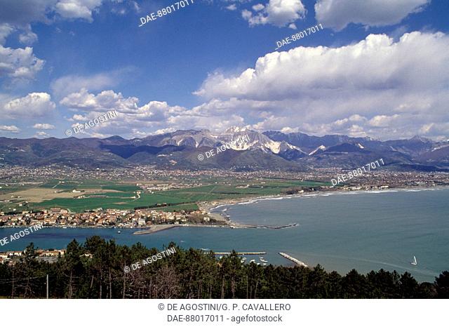 View of Bocca di Magra with the Apuan Alps in the background, Liguria, Italy