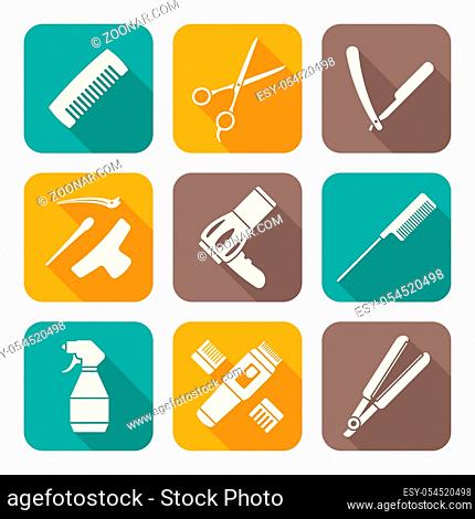 vector hairdresser barber tools equipment white color flat design icons set long shadows