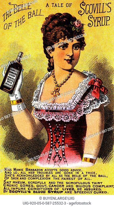 A Victorian medical tradecard for a quack medical cure for a panacea of conditions. The card shows a woman smiling with a bottle of the medicine