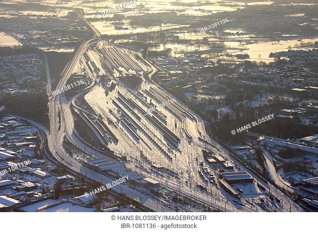 Aerial picture, snow-covered goods station, Hamm, Ruhr area, North Rhine-Westphalia, Germany, Europe