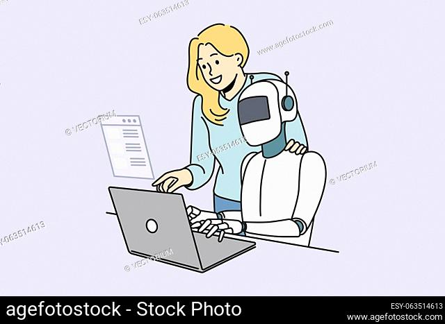 Female employee and robotic assistant work together on computer. Robot tester search program bugs and mistakes in software on laptop. QA concept
