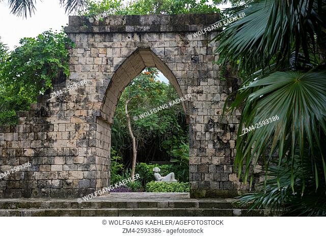 Archaeological pre-Colombian Mayan replica of a gateway arch from Labna at Cozumel Chankanaab National Park on Cozumel Island near Cancun in the state of...