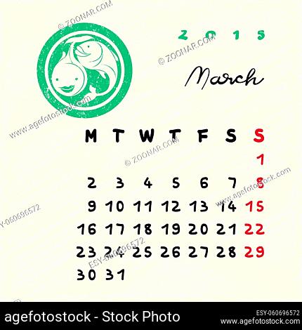 Calendar 2015 page illustration with zodiac sign of Pisces as grungy stamp over a colored scribble background, March