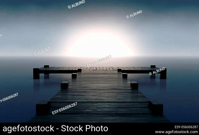A wooden boat jetty jutting out across calm water with the sun rising on the horizon in dim light - 3D render