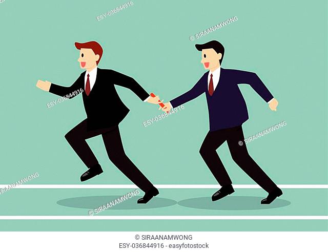 Businessman passing the baton in a relay race. Partnership or teamwork concept