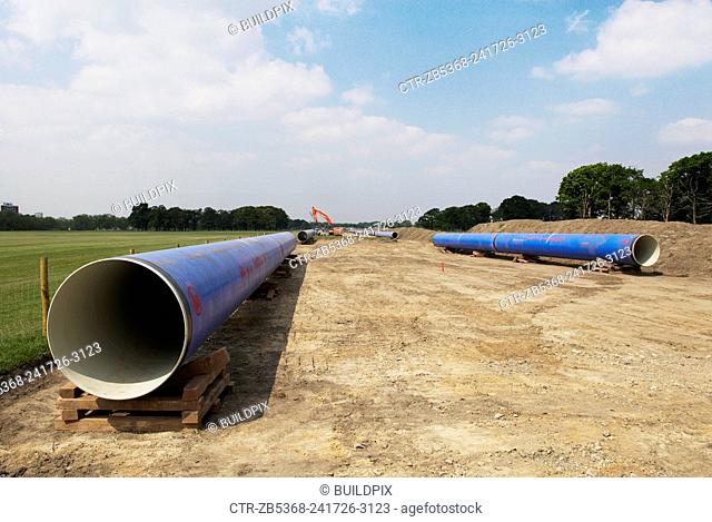 Preparation of pipes to be laid under the Wanstead Flats for a water sanitation plant in Beckton, East London, UK