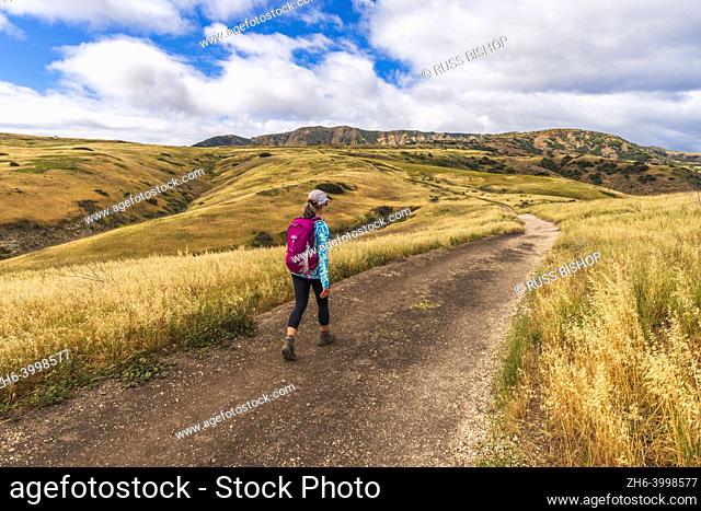 Hiker on the Smugglers Cove Trail, Santa Cruz Island, Channel Islands National Park, California USA