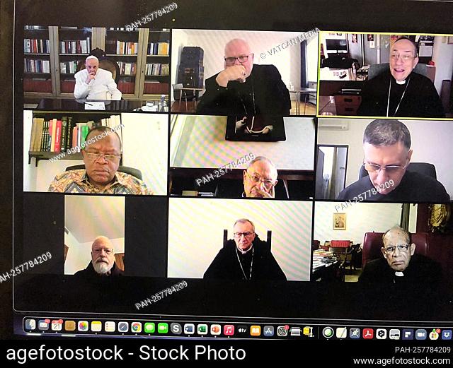 Italy, Rome, Vatican, 21/09/22. Pope Francis in council meeting with cardinals via computer in Saint Marta at the Vatican