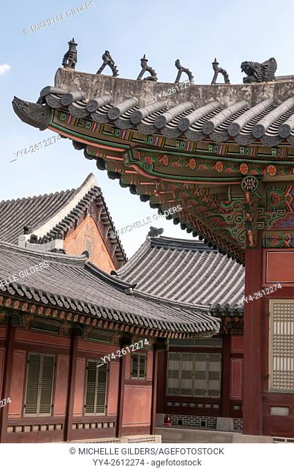Roof detail of Japsang figures, Gyotaejeon Hall, the Queen's Residence, Gyeongbokgung palace, Seoul, South Korea